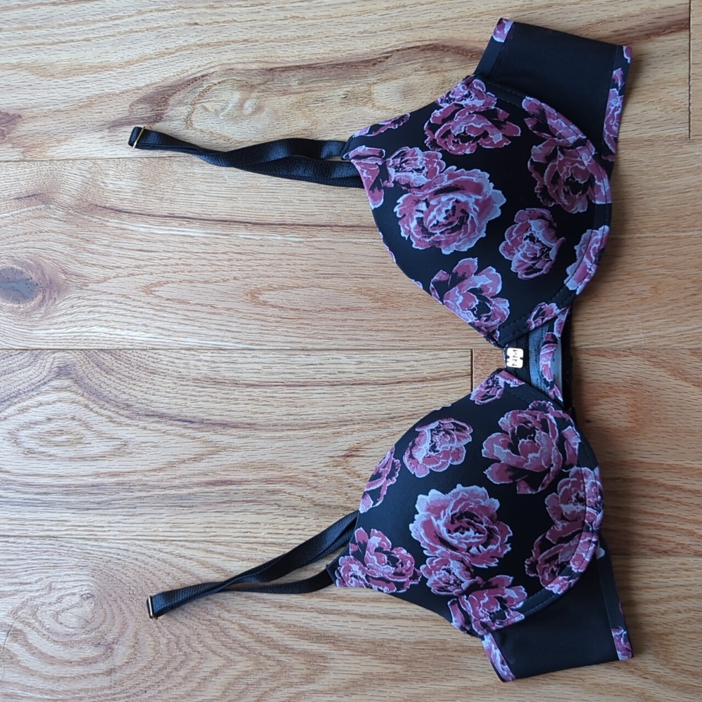 Nicole by Nicole Miller Black Bra with Pink Floral Print